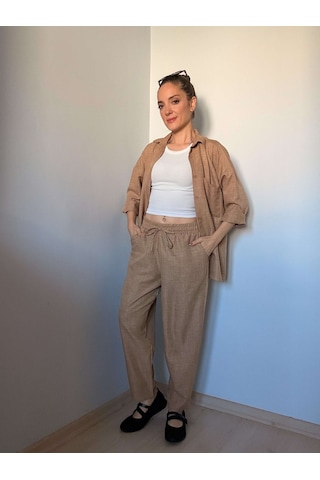 Ali Butik Kahverengi Keten Gömlek Pantolon Takım Kahve