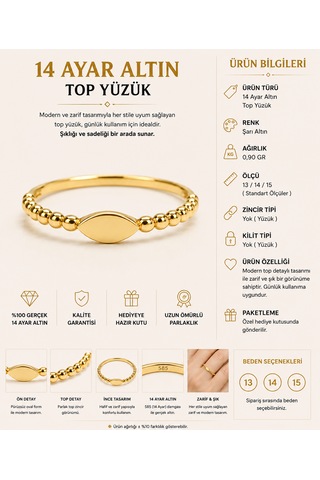 14 Ayar Altın Mekik Plakalı Dorika Bilyalı Minimal Kadın Yüzük