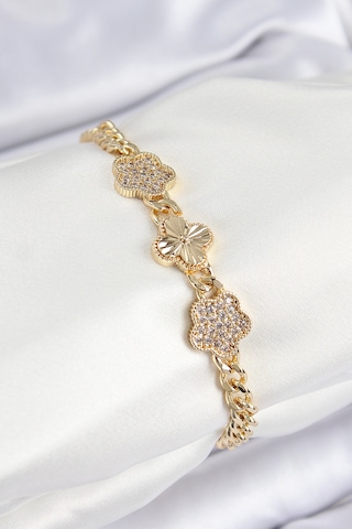 Pirinç Zirkon Taşlı Yonca Model Gold Renk Kadın Bileklik Renkli