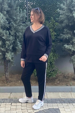 Mia Butik Büyük Beden Siyah V Yaka Eşortman Takım Siyah