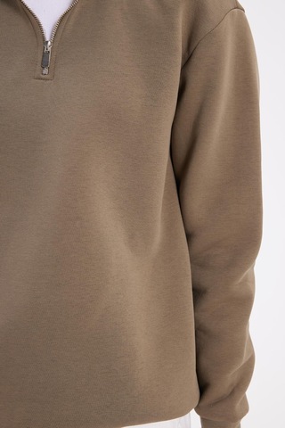 Tudors Kadın Relax Fit Rahat Kesim Pamuklu İçi Polarlı Yarım Fermuarlı Haki Dik Yaka Sweatshirt-42073 Haki