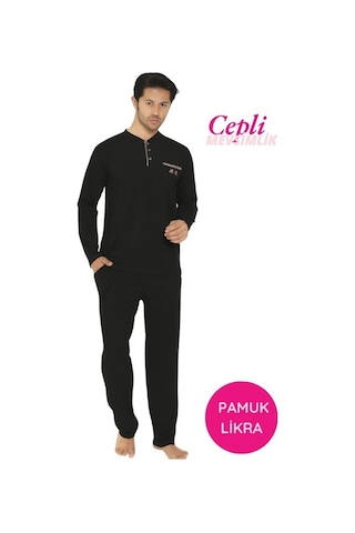 Erkek Siyah Bisiklet Yaka 3 Düğmeli Göğüs Cepli Pamuk Likra Mevsimlik Uzun Kol Cepli Pijama Takımı Siyah