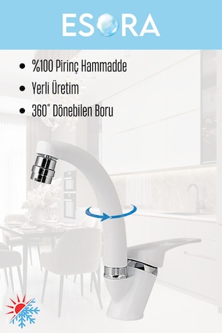 Beyaz Krom Mix Oynar Başlıklı Lavabo Bataryası Çift Su Grişli Çeşme Banyo Musluğu Mutfak Çeşmesi Beyaz - Krom