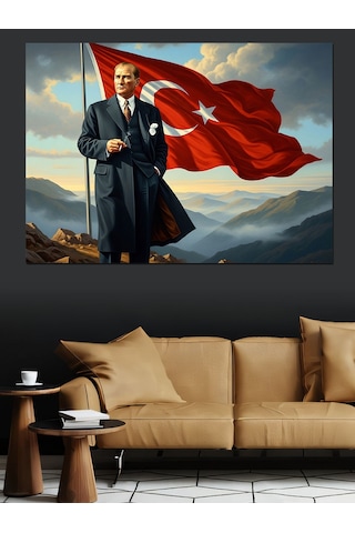 Tepede Dalgalanan Türk Bayrağı Ve Atatürk Dekoratif Kanvas - Mdf Ahşap Tablo