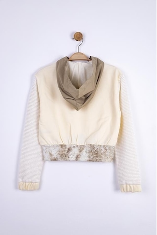 Kız Çocuk Kapüşonlu Triko Garnili Sweatshirt-13358-krem Krem