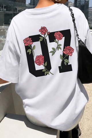 Spoyi Street Rose Tasarımlı %100 Pamuk Yarım Oversize Beyaz T-mhirt