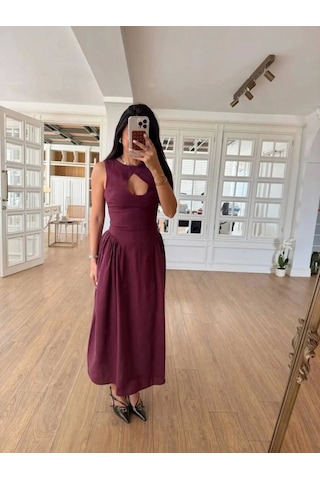 Dogutrend Kolsuz Uzun Kabardin Elbise - Bordo