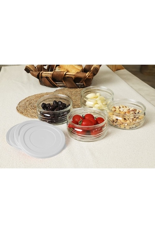 4'lü Premium Kahvaltılık Seti 410 Cc Beyaz Plastik Kapaklı, Cam Saklama Kabı, Hava Geçirmez Beyaz
