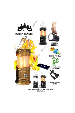 Şarj Edilebilir Güneş Enerjili Taşınabilir Fener Alev Ateş Modlu Kamp Feneri Led El Feneri Siyahgoldmavi