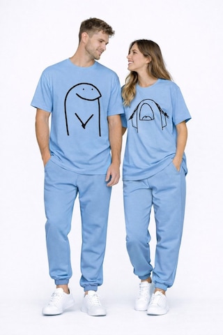 Sevgili Kombini Çift Tişört Oversize Unisex Matching Couple Minim Mavi