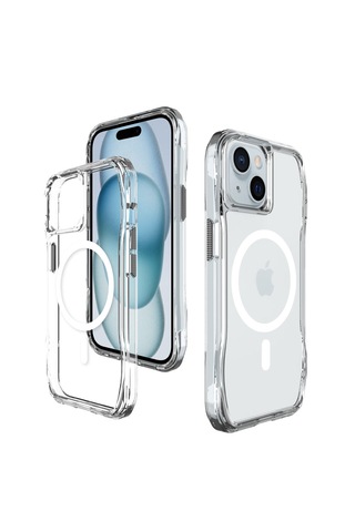 Bix iPhone Uyumlu 14 Plus / 15 Plus Octagon Hava Yastıklı Magsafe Kılıf Maksimum Korumalı Antrasit Kristal Şeffaf