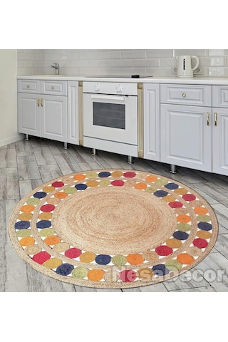 Renkli Mandala Halısı Kilim Desenli Halı Şönil Yuvarlak Kısa Havlı Mutfak Halısı Ve Yatak Odası Halısı Kapı Önü Paspas 80 X 80 Cm