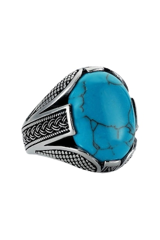Gümüş Oval Turkuaz Firuze Taşlı Örgü Tasarım Erkek Yüzük