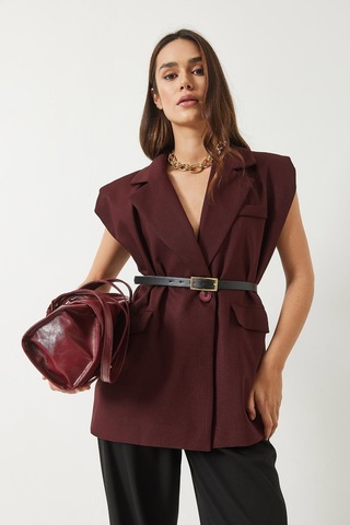 Shade Kadın Cep Detaylı Kemerli Vatkalı Oversize Astarlı Blazer Yelek 11143 60281003 - Bordo