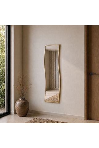 Modern Dalgalı Boy Aynası 40x120 Cm Organik Formlu Minimalist Dekoratif Duvar Aynası 2026 Trend Altın
