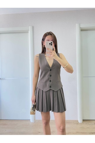 Dogutrend Takım Görünümlu Yelekli Mini Elbise- Füme