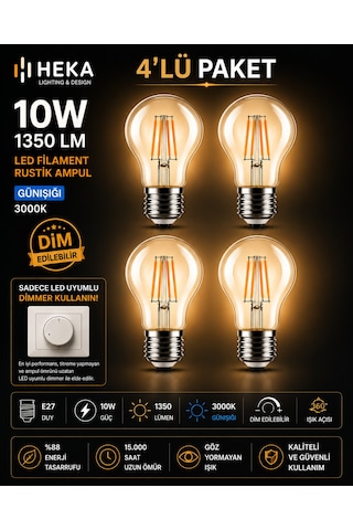 4 Adet Heka 10w Günışığı 3000k E27 Duylu Dim Edilebilir Led Rustik Ampul