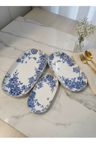 Martha Spring Time 3lü Kayık Tabak Mavi - Beyaz