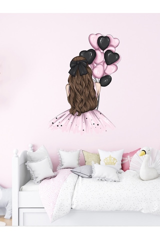 Çocuk Odası Pembe Elbiseli, Pembe Siyah Balonlu Kız Cam, Duvar Sticker