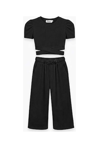 Bubiee Baby Kız Çocuk Siyah Beli Çapraz Detaylı Crop Rahat Kesim Pantolon Set