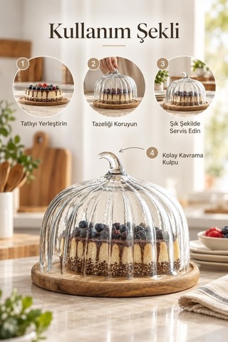 Akasya Ahşap Tabanlı Cam Kek Fanusu 30x24 Cm - Kapaklı Pasta Ve Tatlı Sunumluğu