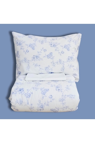 Çift Kişilik %100 Pamuk Mavi Çiçek Nevresim Takımı | Mavi & Beyaz | 4 Parça | Yumuşak Dokulu