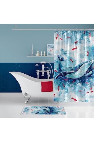 Banyo Paspas Ve Tek Kanat Duş Perdesi 1x180x200 Set Banyo Halısı Whale