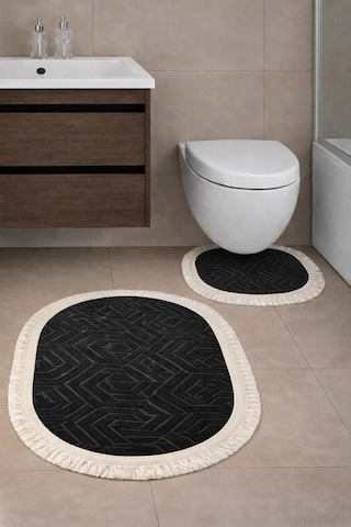 Kaymaz Tabanlı 2 Li Banyo Paspas Seti Yıkanabilir, Su Emici, Toz & Leke Tutmaz Oval Klozet Takımı Kahverengi Mermer