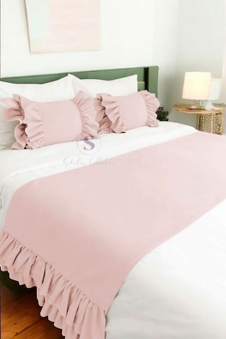 Yatak Runner & Iç Dolgulu Kırlent Seti Çift Kişilik Fırfırlı Toz Pembe Pembe