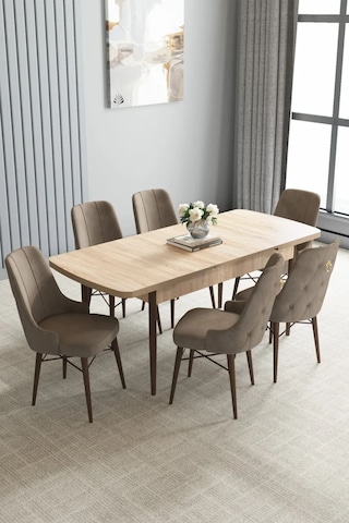 Zümra Serisi, Meşe Desen 80x132 Açılabilir Mdf Mutfak Masası Takımı 6 Adet Sandalye, Cappucino