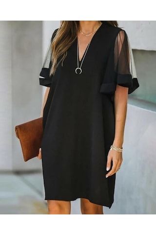 Kadın Tüllü Kısa Kollu V Yaka Krep Elbise Siyah