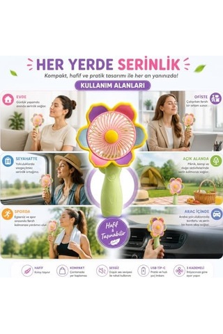 Mini El Fanı Usb Şarjlı Type-c Bağlantılı 3 Kademeli Taşınabilir Elektrikli Fan Masaüstü Ve El Tipi Kullanım Renk Serinletici Fan Yeşil Pembe Sarı Çiçek . 93986484