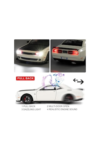 Dodge Challenger Srt Hellcat 1:24 Diecast Metal Araba Koleksiyon Sesli Işıklı Beyaz