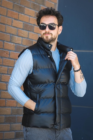 Oxfo Suya Dayanıklı Cepli Dik Yaka Erkek Şişme Deri Yelek Siyah