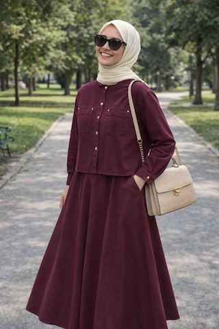 Esra Butik78 Gabardin Kumaş Gizli Cepli İkili Takım Uzun Etekli Tesettür Şık Rahat Kombin Bordo