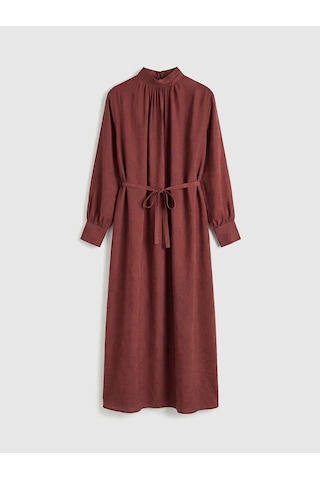 Lc Waikiki Kahverengi Dik Yaka Kuşaklı Oversize Büzgülü Elbise