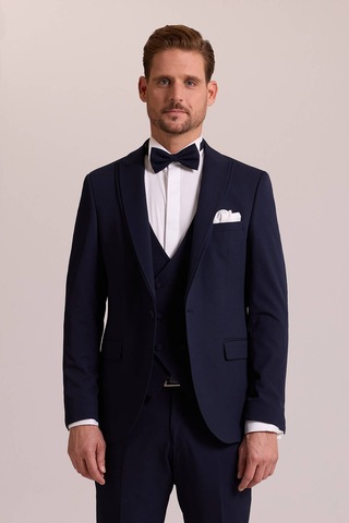Ysf Erkek Lacivert Slim Fit Likralı Sivri Yaka Yelekli Damatlık