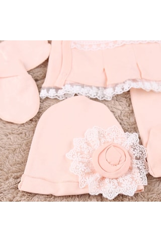 Çiçekli Araba Nakışlı Dantelli 5'li Kız Bebek Hastane Çıkışı 0-3 Ay Somon Somon