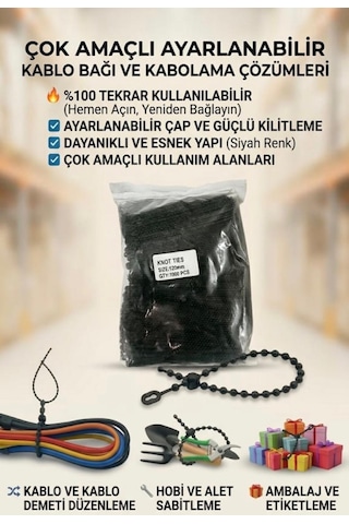 Siyah Kablo Bağı Klips Plastik Cırt Cırt Kelepçe 120 Mm 12 Cm Tekrar Kullanılabilir 100 Adet 12 Cm Siyah