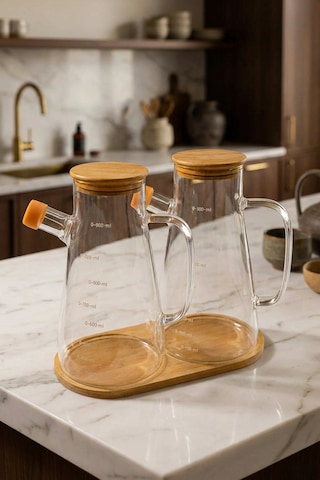 Makri Home 2'li 900 Ml Bambu Kapaklı Ve Altlıklı Borosilikat Cam Yağlık/sirkelik/sosluk Şeffaf