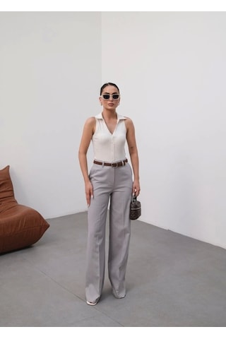 Defymoda Keten Kemerli Ve Dökümlü Palazzo Pantolon Kemer Dahi L Gri