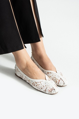 Dabab Shoes Florıa Dantel Kadın Beyaz Düz Babet Dantel Dokuma Çiçek Desenli Zarif Günlük Ayakkabı
