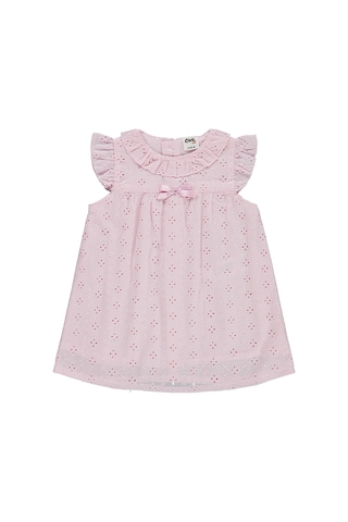 Civil Baby Yaka Ve Kol Fırfırlı Brode 6-18 Ay Elbise - Pembe Açık Pembe