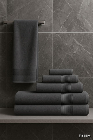 6 Parça Banyo Havlusu Seti Pamuklu 70x140 Cm Serenio Antrasit-Antrasit