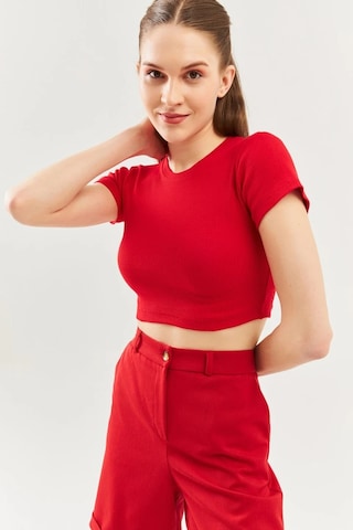 Kadın Kısa Kol Bisiklet Yaka Vücuda Oturan %100 Pamuklu Kaşkorse Esnek Crop Bluz Kırmızı