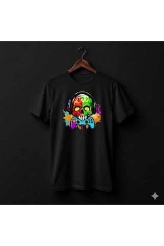 Erkek Kuru Kafa Oyun Konsolu Baskılı Pamuklu T-shirt Siyah
