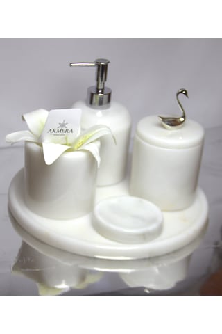 Akmera Afyon Beyazı Mermer 5 Parça Lüks Banyo Aksesuarı Beyaz