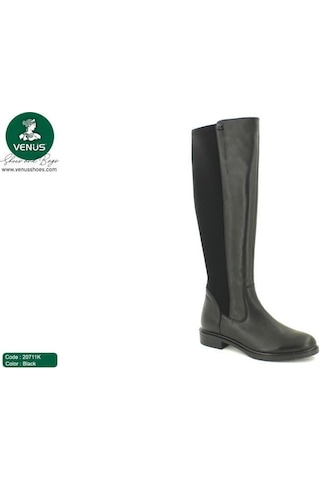 Venüs 20711k Düz Topuk Streç Detaylı Günlük Deri Kadın Çizme Siyah