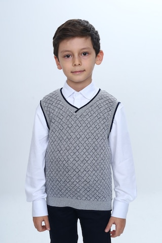 Toontoy Kids Toontoy Erkek Çocuk Regular Fit V Yaka Kare Desenli Okul Süveter - Garni & 2 İplik Gri