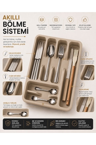 6 Bölmeli Çekmece İçi Kaşıklık, Plastik Çatal Bıçak Organizeri, Mutfak Düzenleyici Bej S-11003